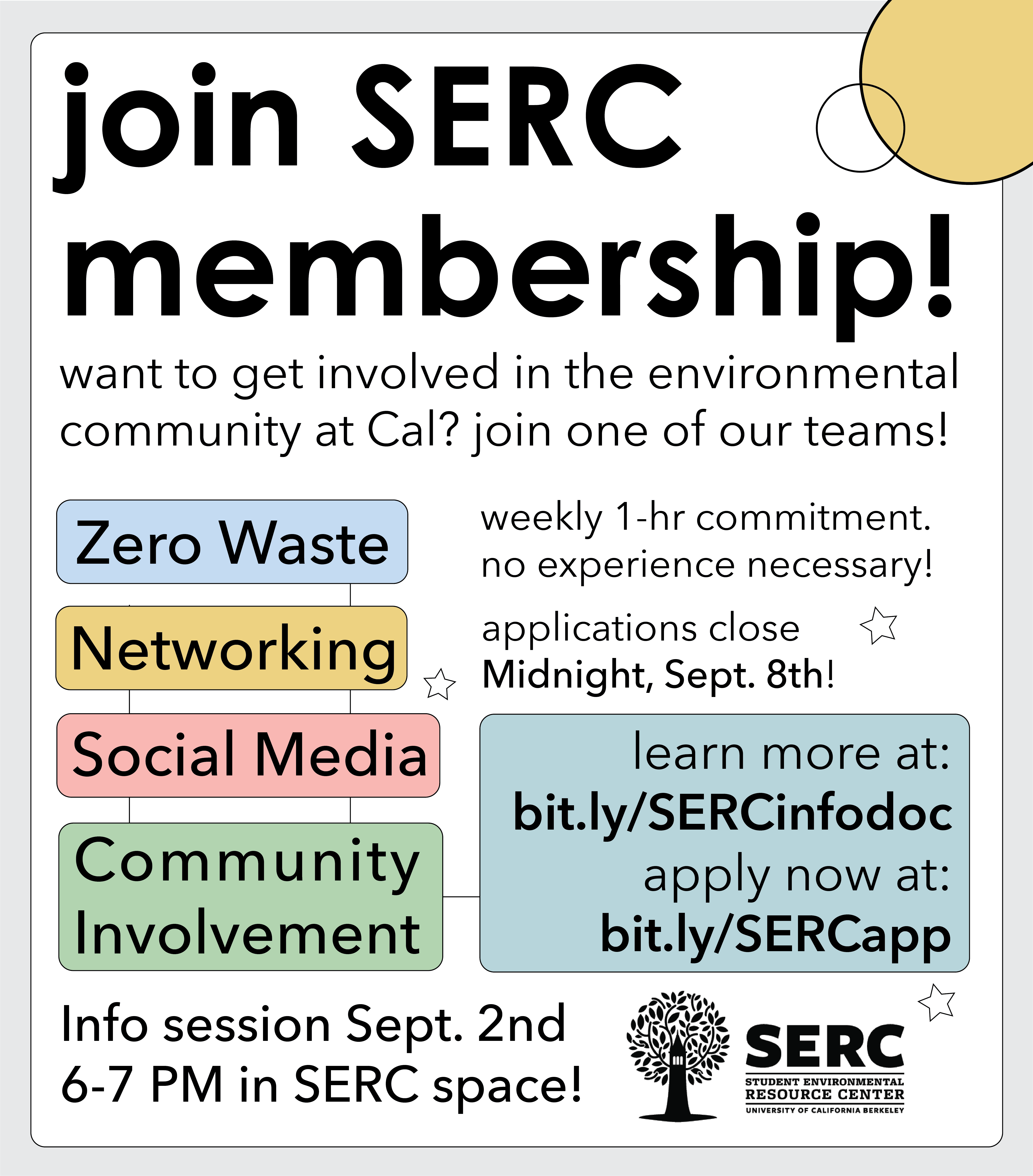 image entitled 'Join SERC membership!' and lists the 4 teams we are offering this semsester: Zero waste, Networking, Social Media, & Community Involvement. Applications due Midnight, Sept. 8th